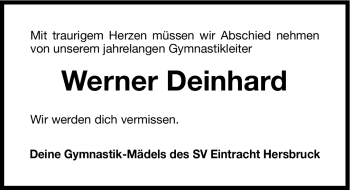 Traueranzeige von Werner Deinhard von Hersbrucker Zeitung
